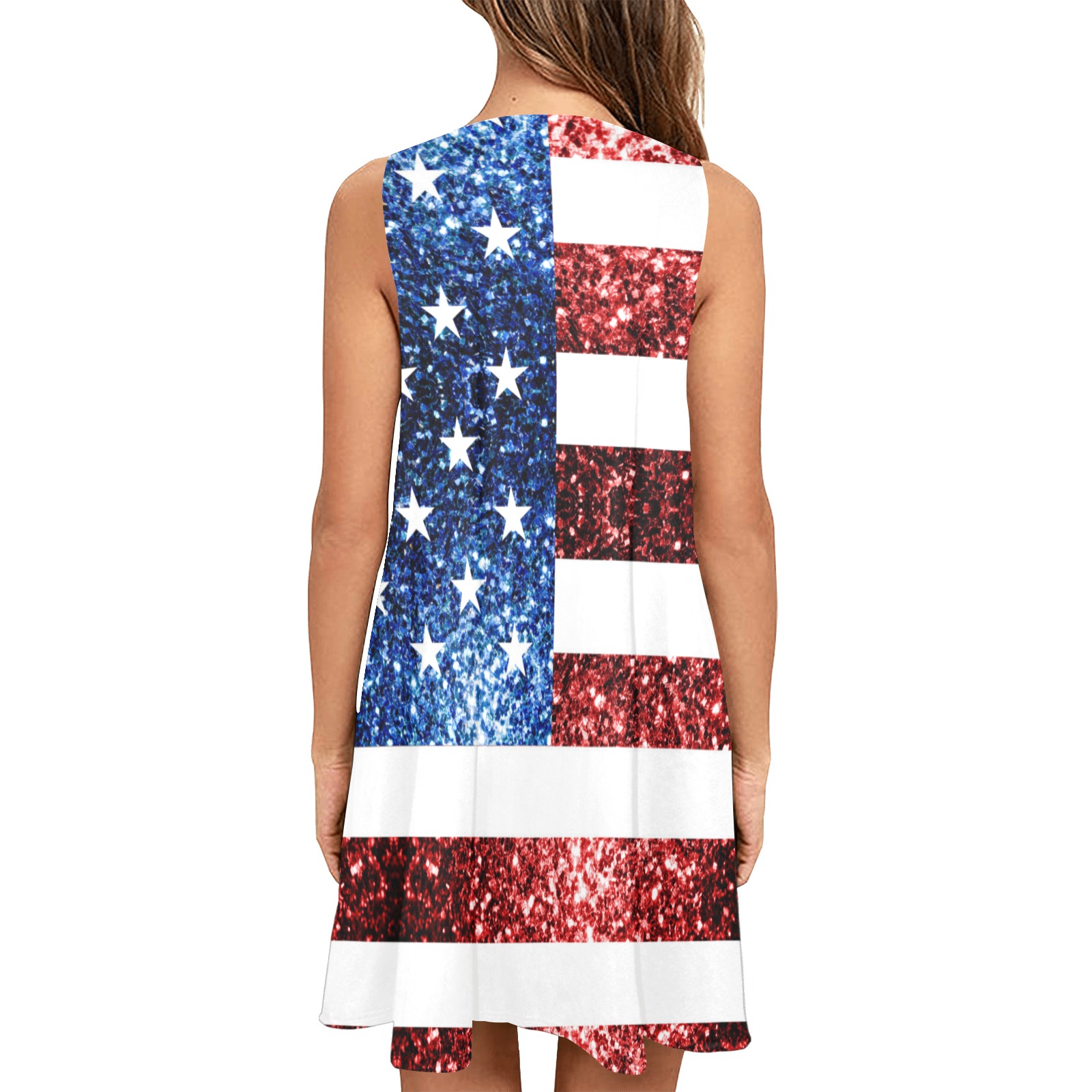 Sparkly USA flag America Red White Blue faux Sparkles patriotic bling 4th of July Sleeveless A-Line Pocket Dress (Model D57)
