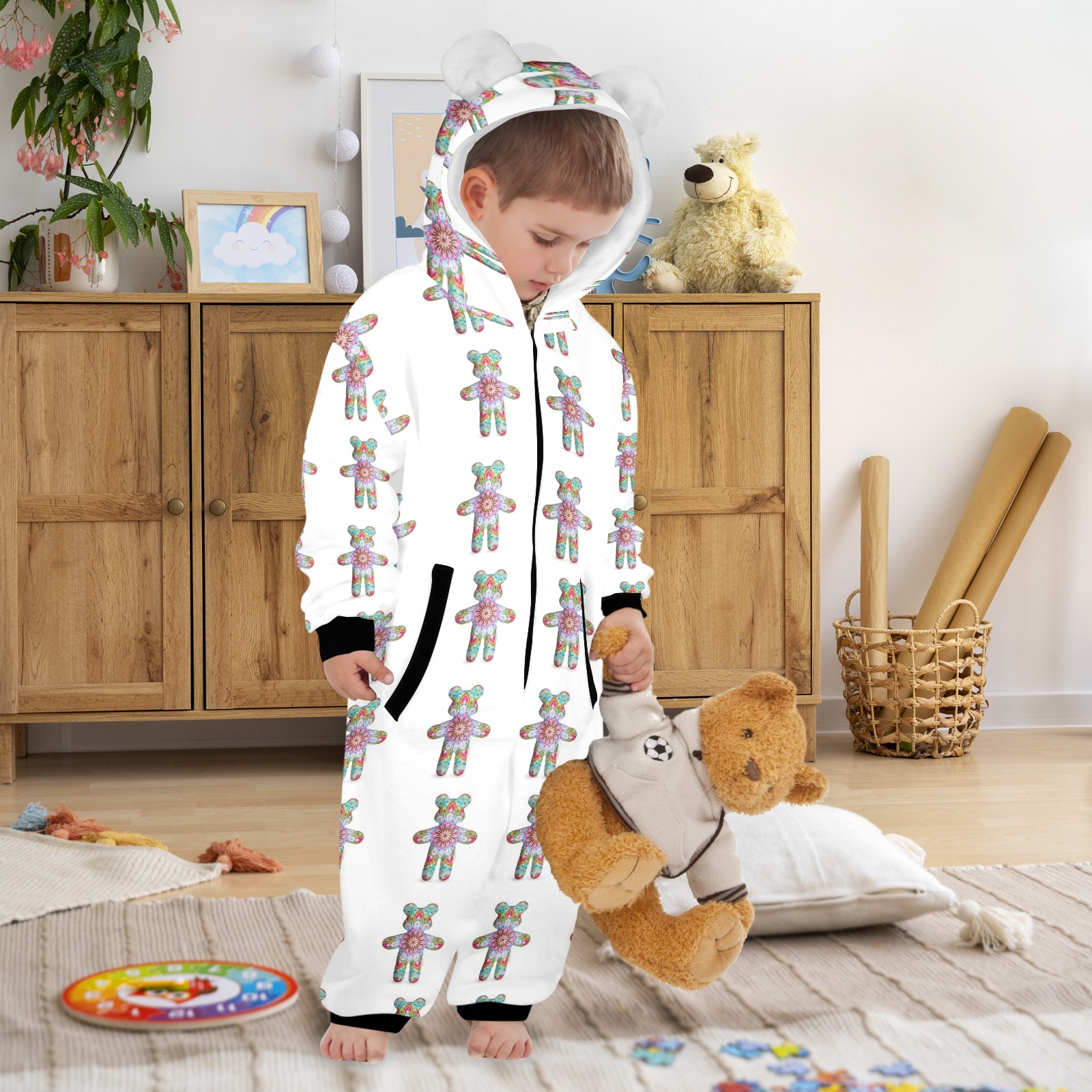 nounours 1 One-Piece Zip up Hooded Pajamas for Little Kids