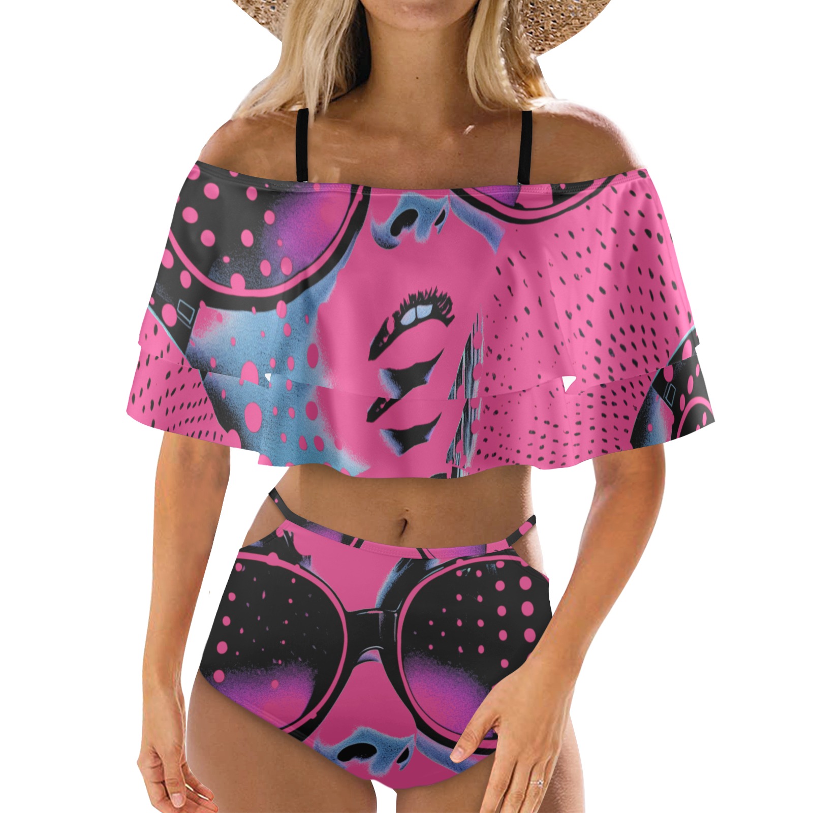 Lucy Seeing Pink 2-pc Ruffle Swimsuit Women's Ruffle Off Shoulder Bikini Swimsuit (Model S45)