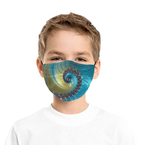 Turquoise and Gold Spiral Fractal Abstract Pleated Mouth Mask for Kids (Model M08)
