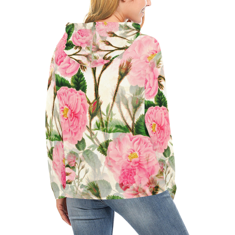 Vintage Pink Rose Garden Blossom All Over Print Hoodie for Women (USA Size) (Model H13)