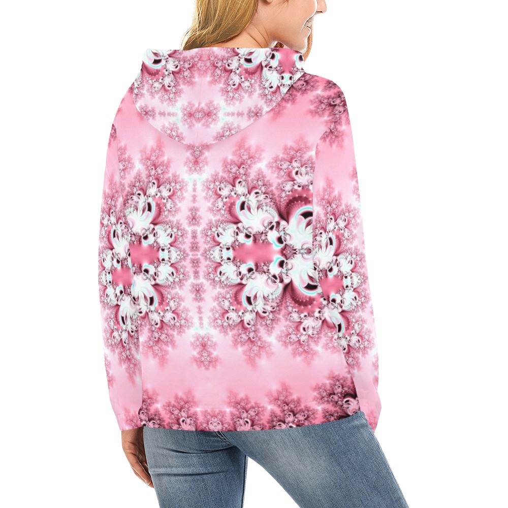 Pink Rose Garden Frost Fractal All Over Print Hoodie for Women (USA Size) (Model H13)
