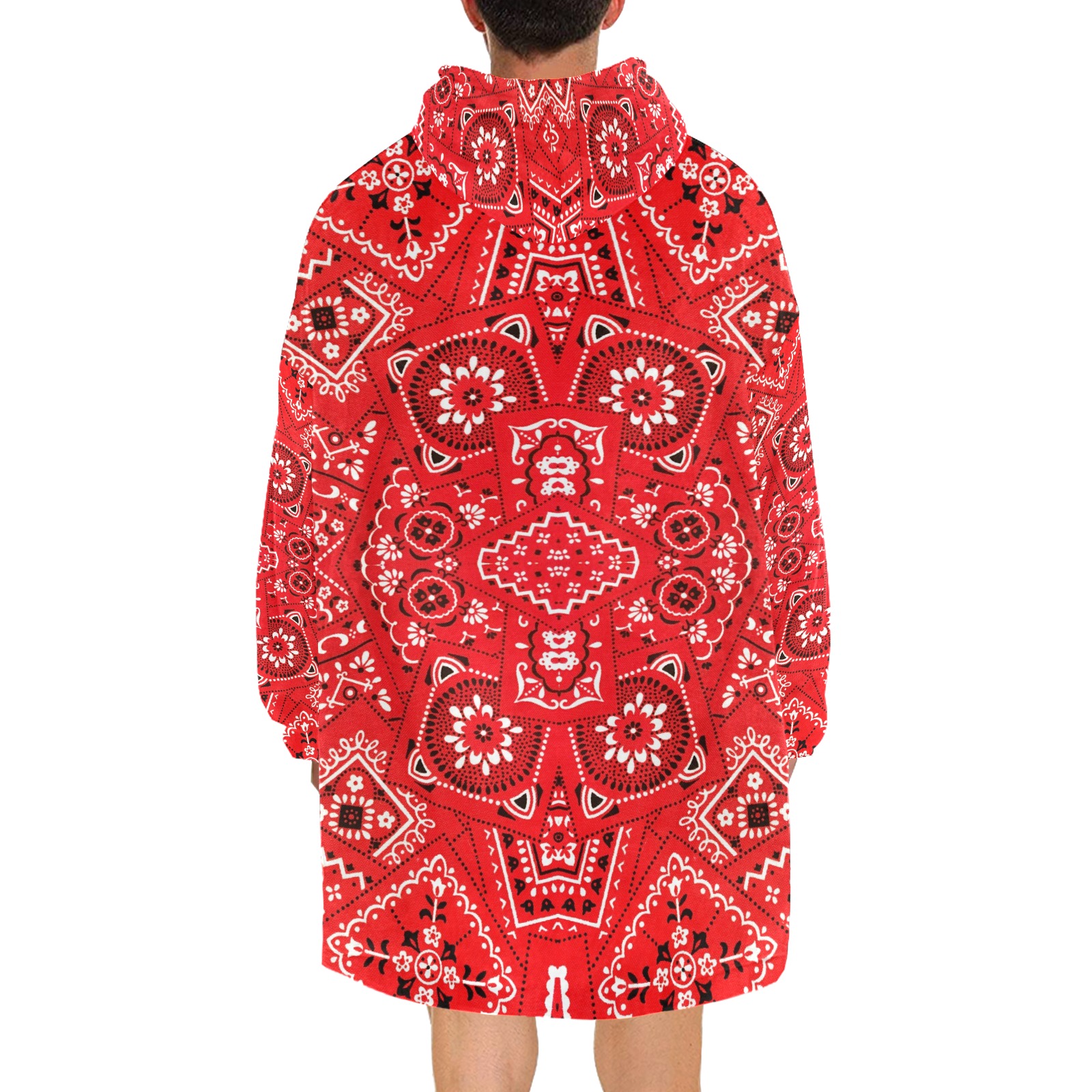 Red Bandana Squares / White Cuff Blanket Hoodie for Men