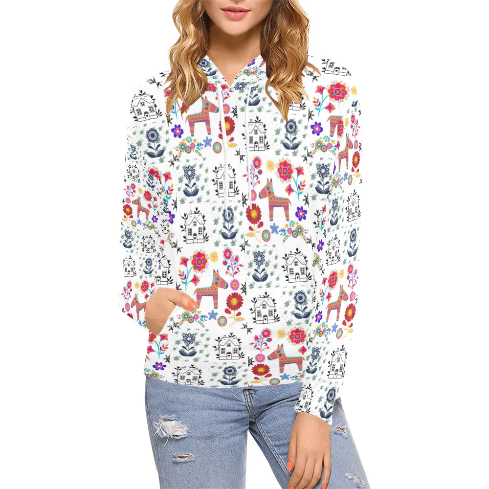 Alpaca Pinata With Blue House and Flowers Pattern All Over Print Hoodie for Women (USA Size) (Model H13)