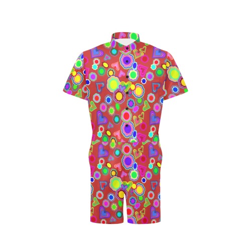 Groovy Hearts and Flowers Red Men's Short Sleeve Jumpsuit