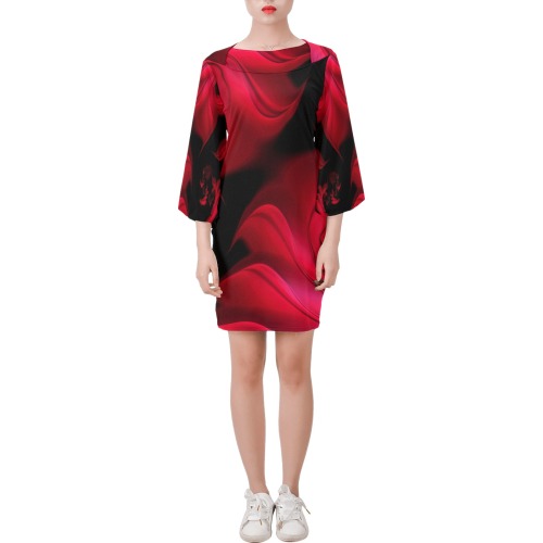 Black and Red Fiery Whirlpools Fractal Abstract Bell Sleeve Dress (Model D52)