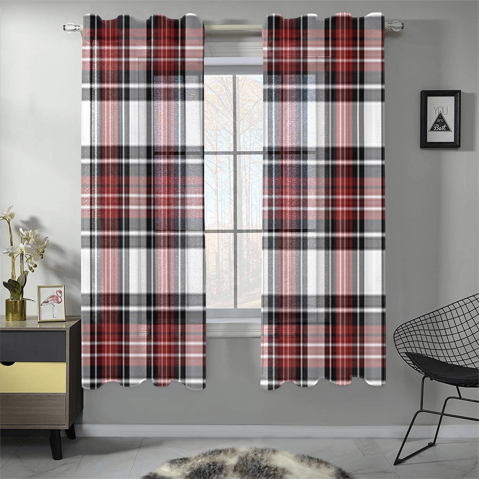 Red Black Plaid Gauze Curtain 28"x63" (Two-Piece)