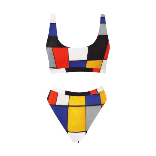 Composition A by Piet Mondrian Sport Top & High-Waisted Bikini Swimsuit (Model S07)
