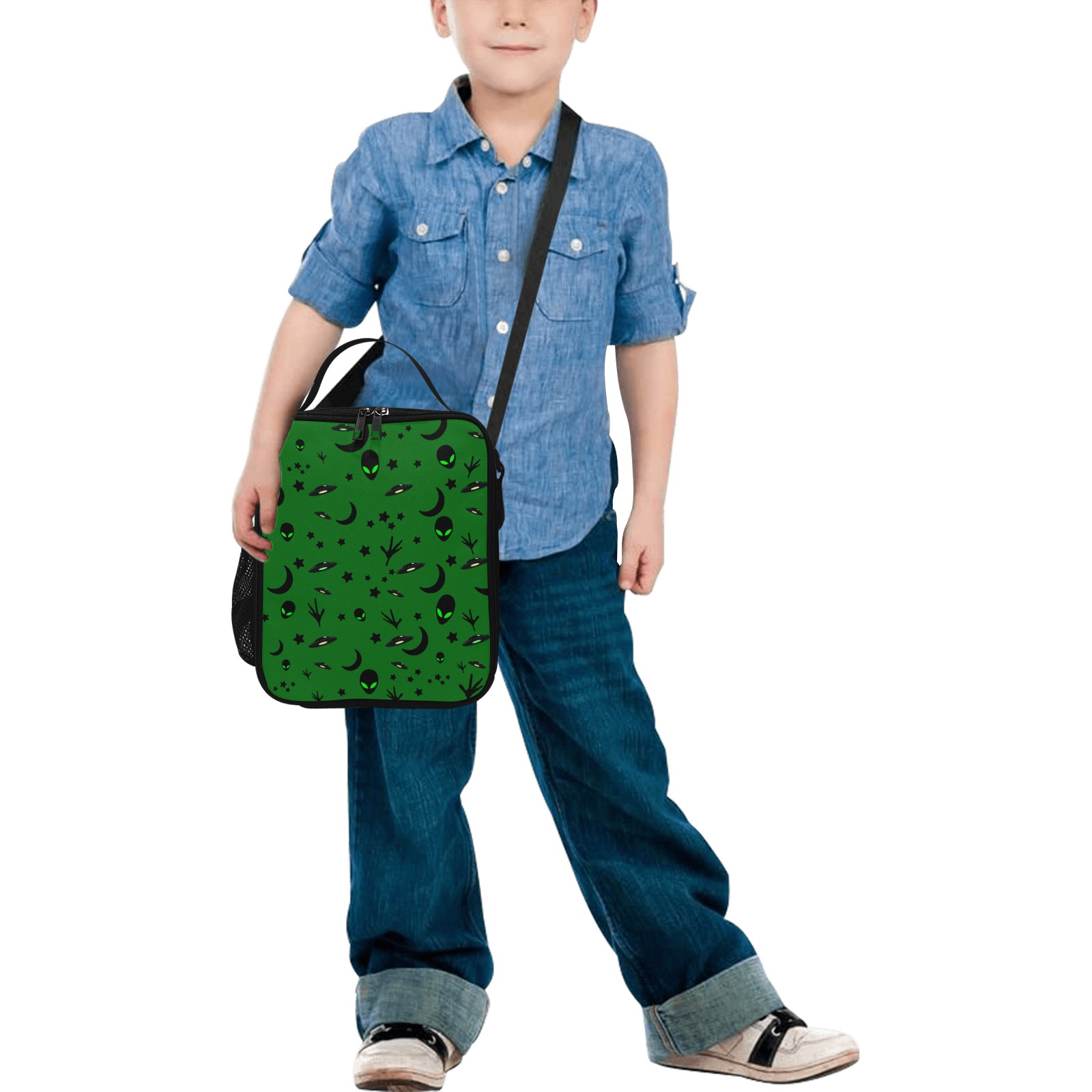 Aliens and Spaceships - Green Crossbody Lunch Bag for Kids (Model 1722)