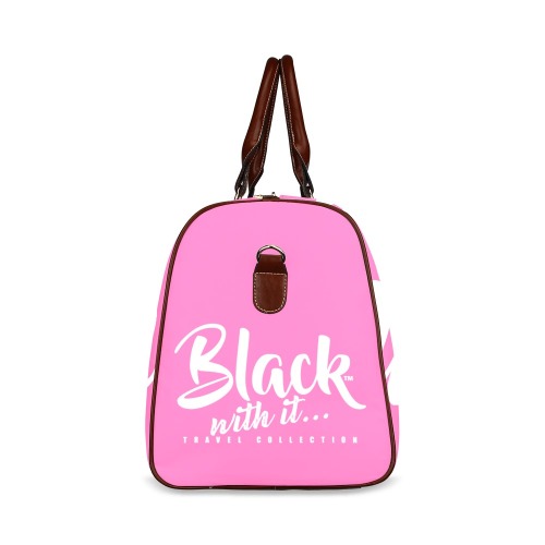 BWi Travel Bag: Hot Pink w/White Font-Brown Leather Straps Waterproof Travel Bag/Large (Model 1639)