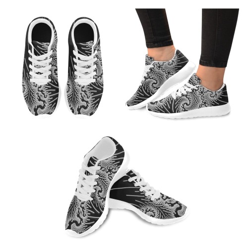 White and Silver Lace on Black Fractal Abstract Women’s Running Shoes (Model 020)