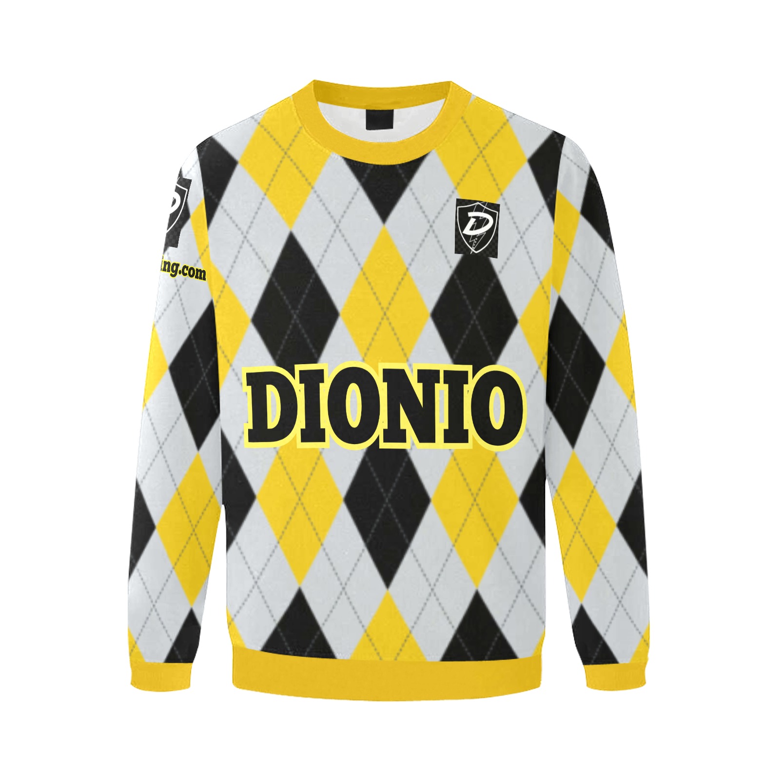 DIONIO Clothing - Argyle Black,Yellow & White Diamond Sweatshirt (Black D-Shield Logo) Men's Oversized Fleece Crew Sweatshirt (Model H18)