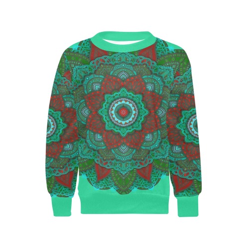 Crazy Green Turquoise and Red Mandala Girls' All Over Print Crew Neck Sweater (Model H49)