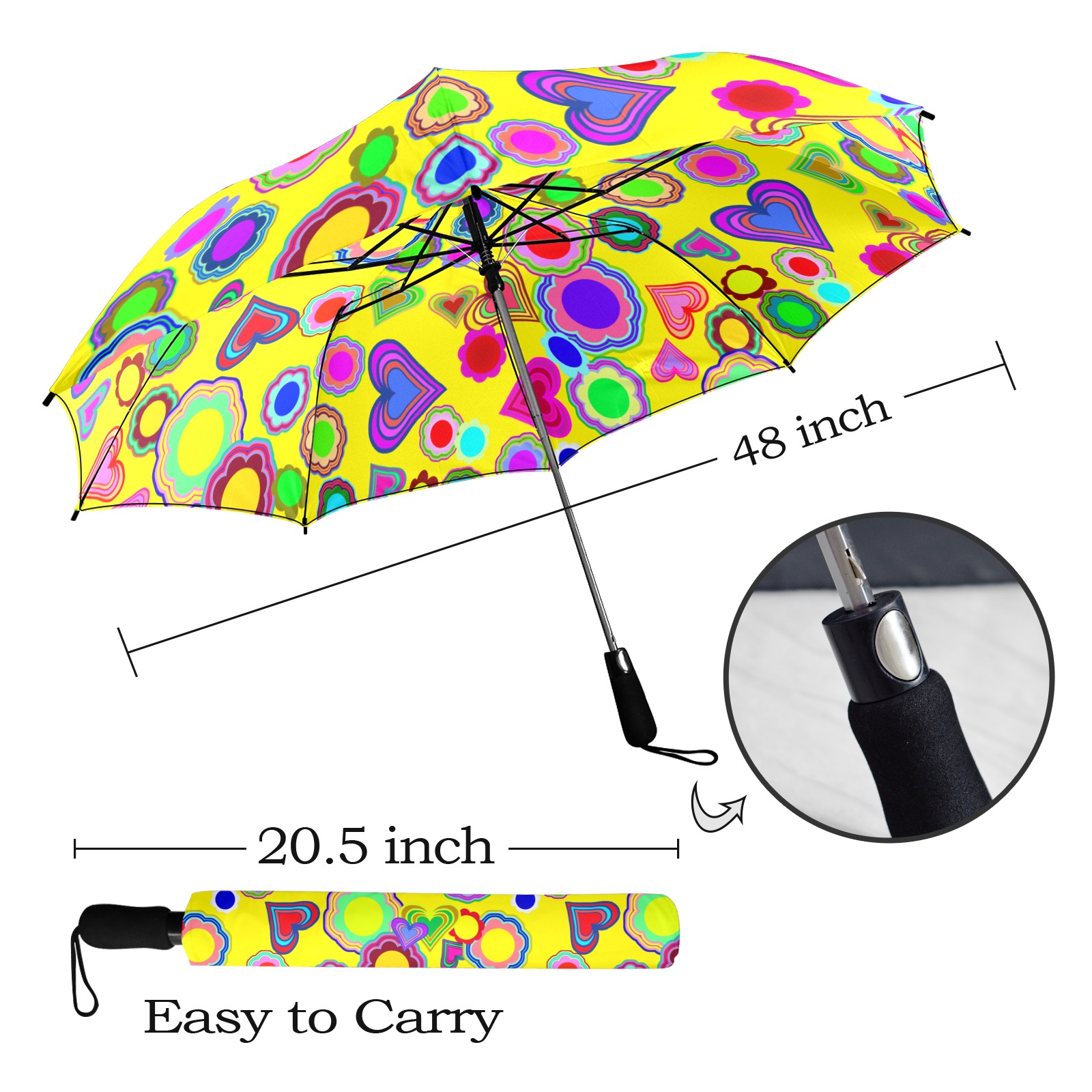 Groovy Hearts and Flowers Yellow Semi-Automatic Foldable Umbrella (Model U12)