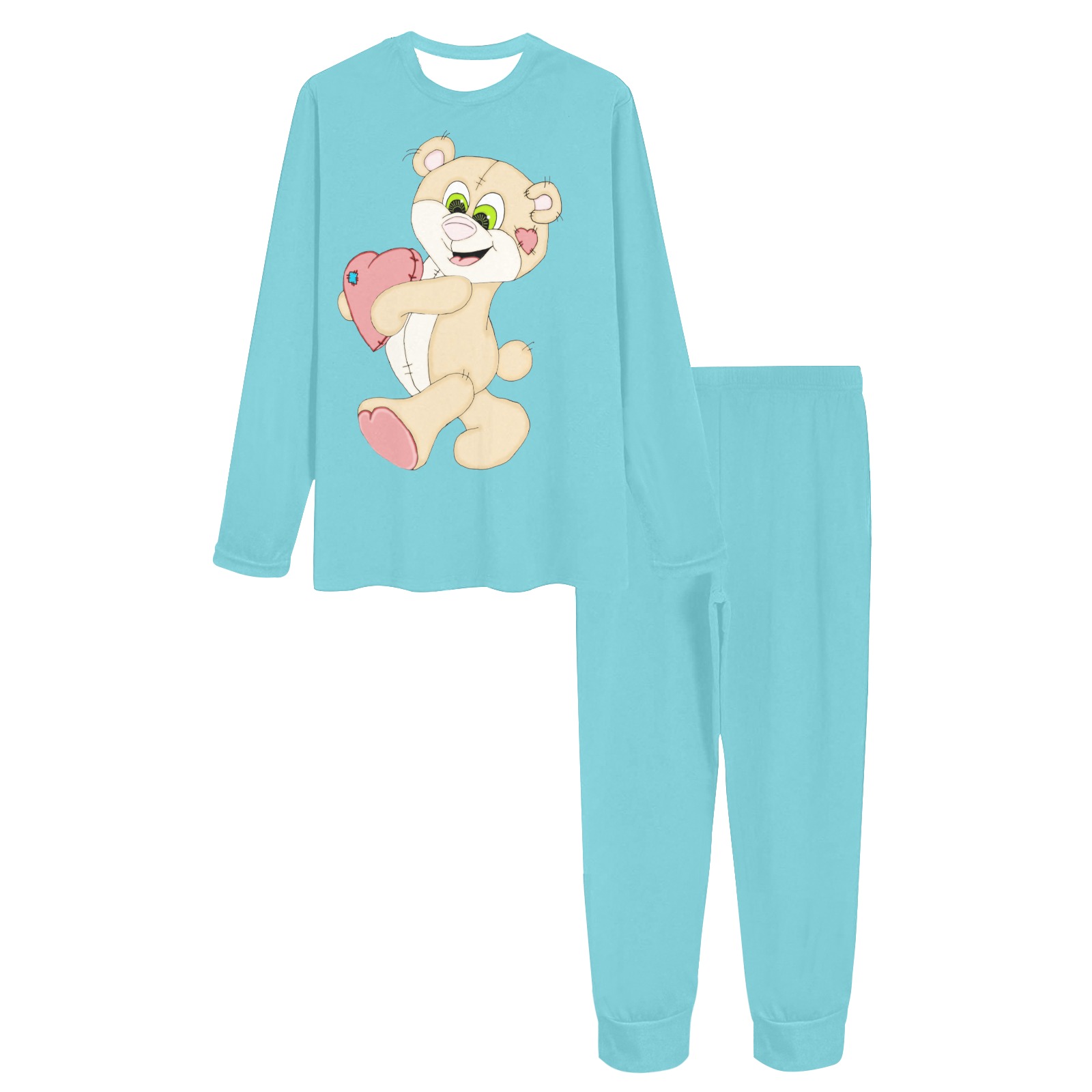 Patchwork Heart Teddy Turquoise Women's All Over Print Pajama Set