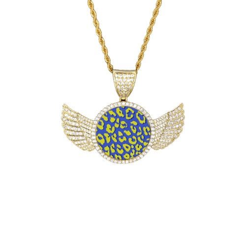 Leopard Print Blue Yellow Wings Gold Photo Pendant with Rope Chain