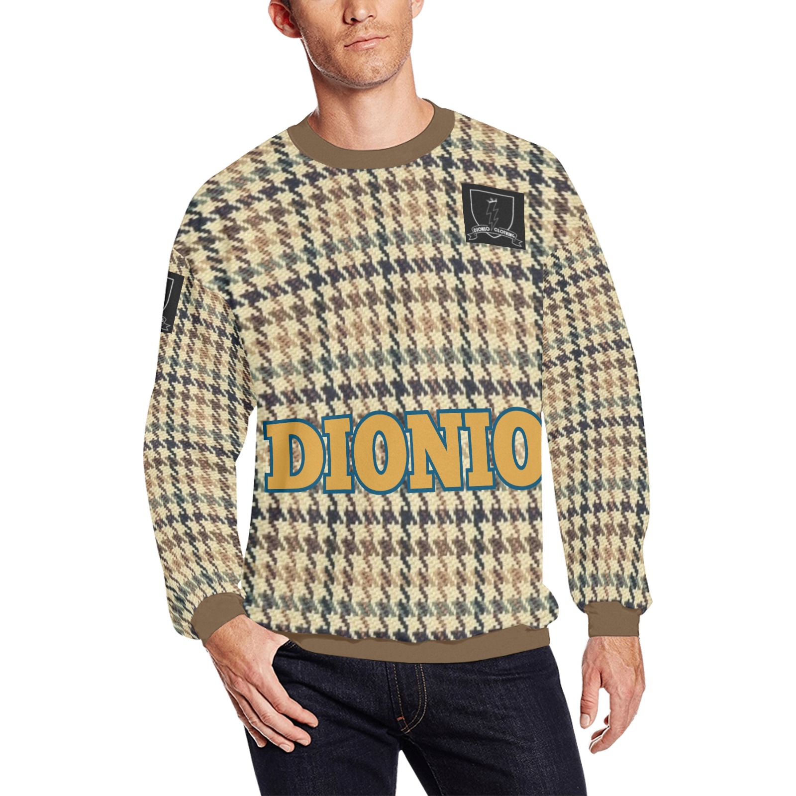 DIONIO Clothing - TweedLike Sweatshirt (Badge ,Brown, Blue & Off White) Men's Oversized Fleece Crew Sweatshirt (Model H18)