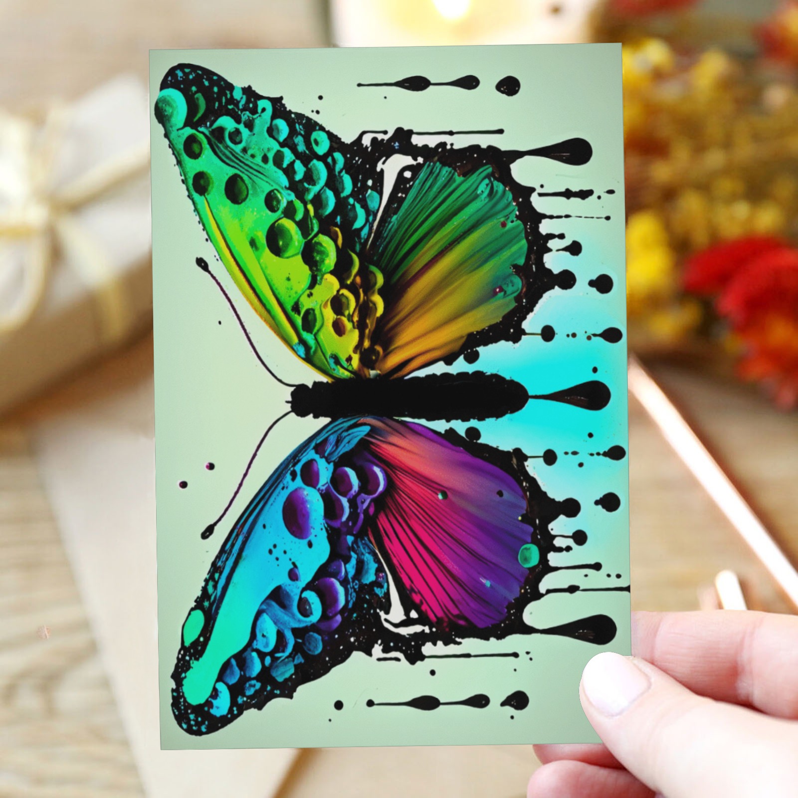 paint droplets the image of a butterfly 1 Greeting Card 4"x6"