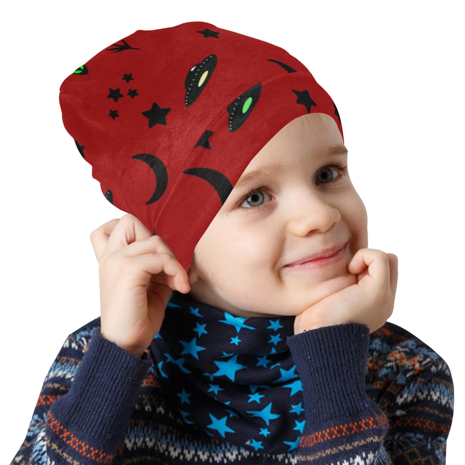 Aliens and Spaceships - Red All Over Print Beanie for Kids