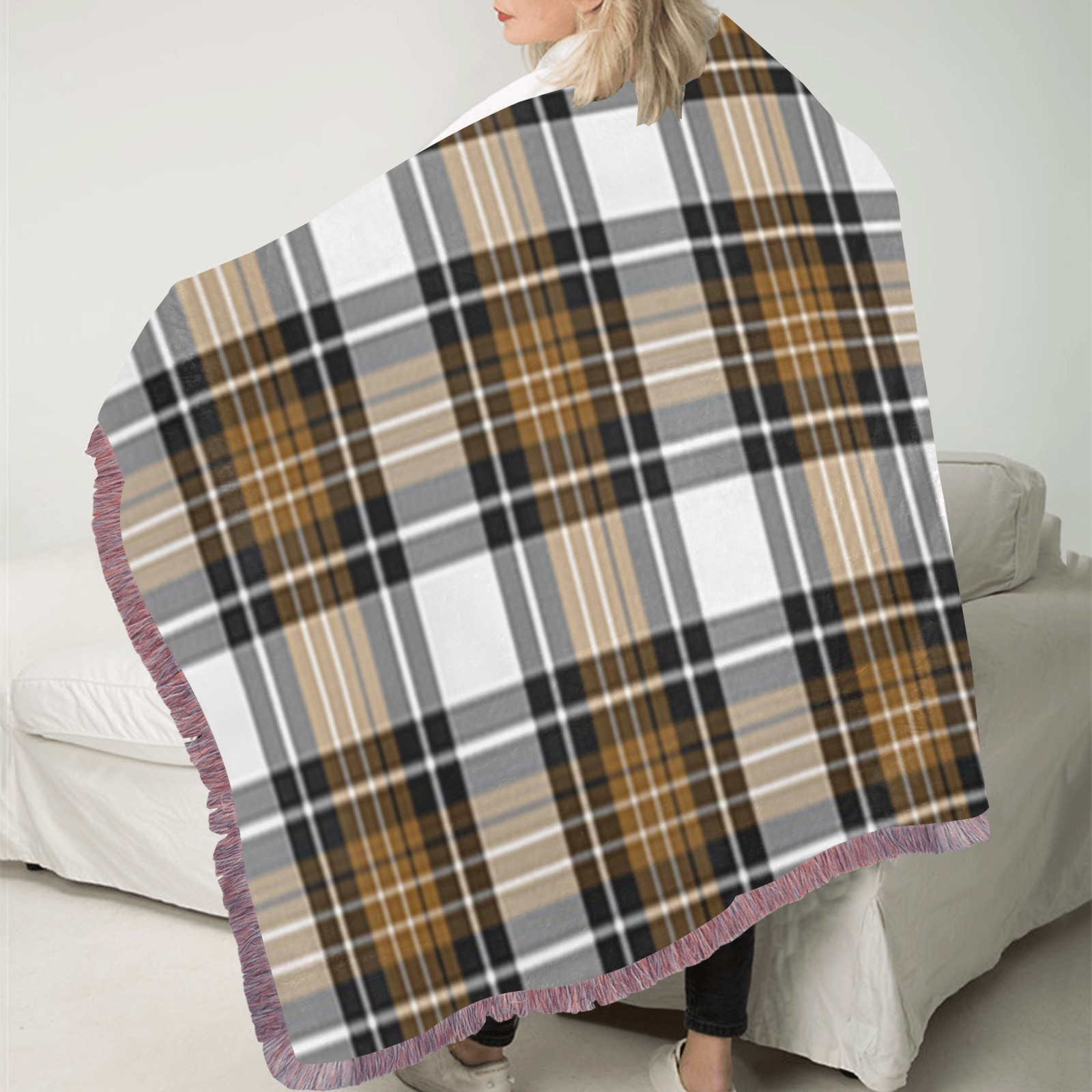 Brown Black Plaid Ultra-Soft Fringe Blanket 50"x60" (Mixed Pink)
