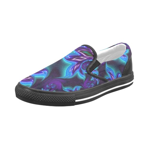 Aqua Blue and Purple Flowers Fractal Abstract Men's Slip-on Canvas Shoes (Model 019)