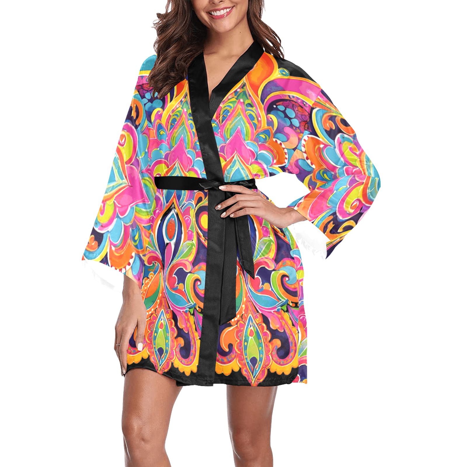 Abstract Retro Hippie Paisley Floral Motif Long Sleeve Kimono Robe