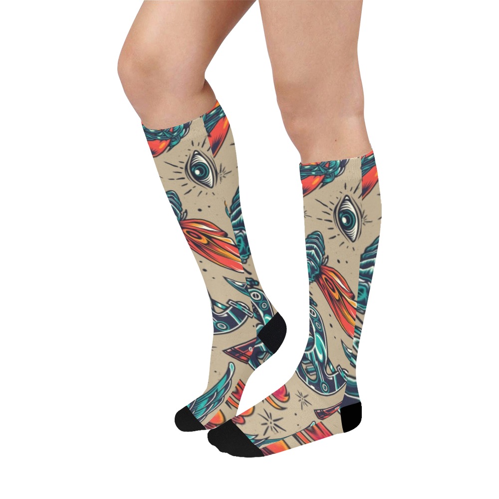 Vintage Colorful Tattoo Pattern Over-The-Calf Socks
