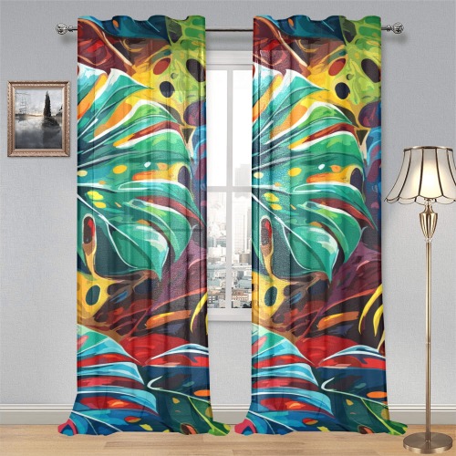 Monstera leaves. Colorful abstract art. Gauze Curtain 28"x95" (Two-Piece)