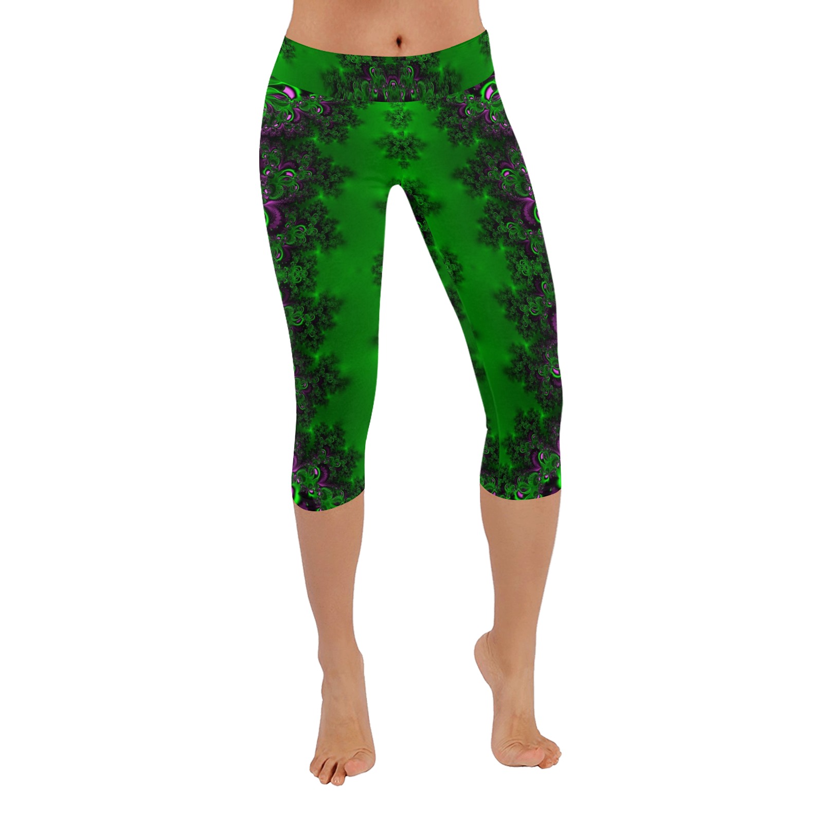 Early Summer Green Frost Fractal Women's Low Rise Capri Leggings (Invisible Stitch) (Model L08)