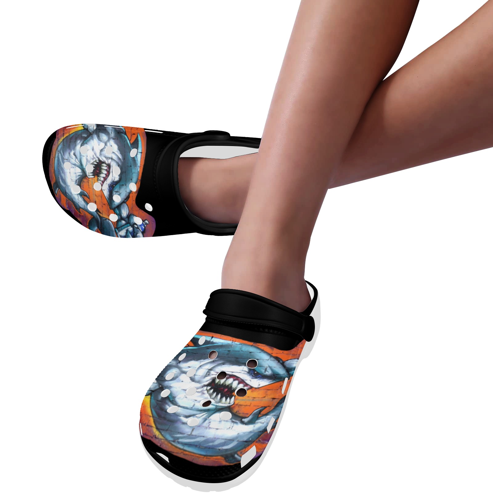 Graffiti Shark - Black Custom Print Foam Clogs for Adults