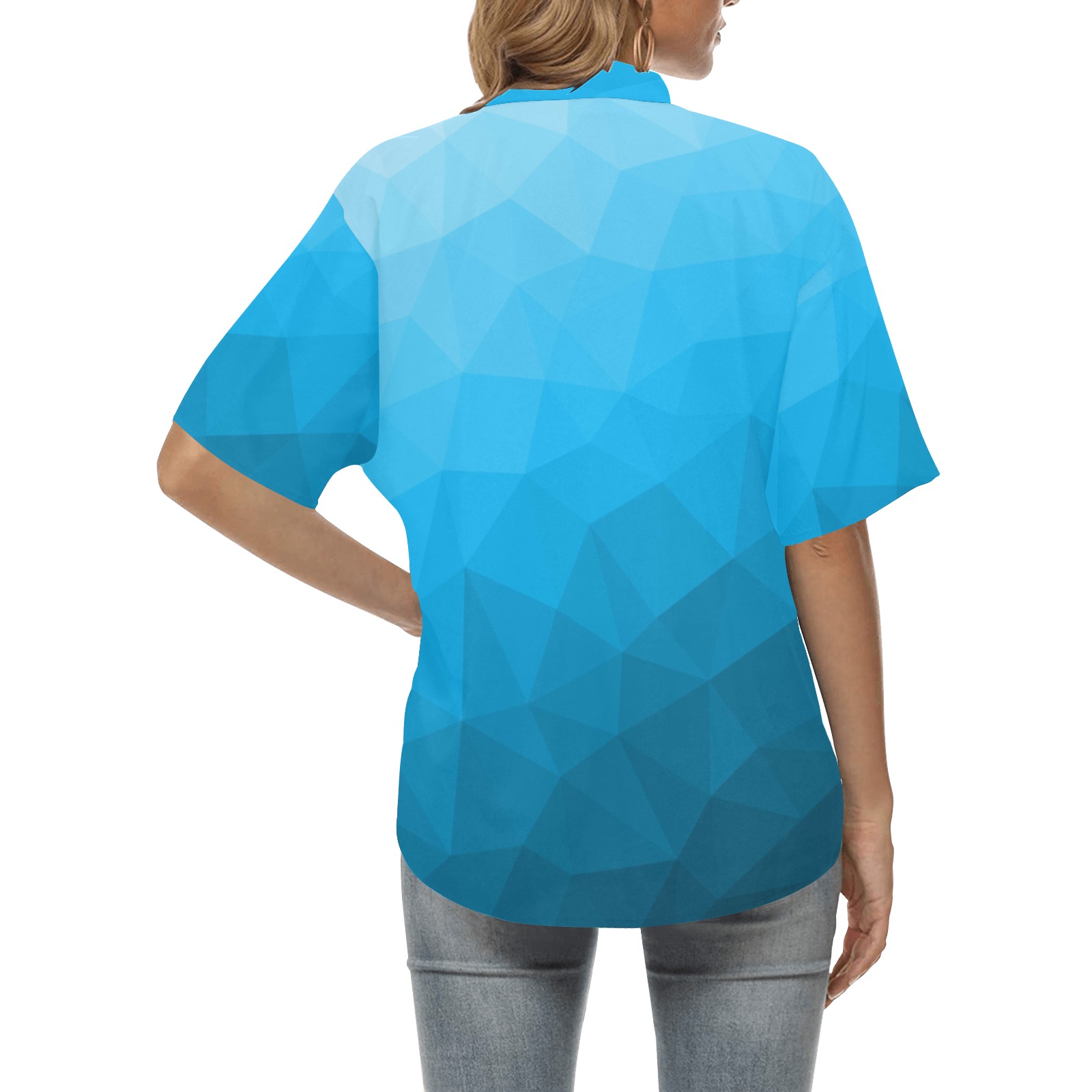 Cyan gradient geometric mesh pattern All Over Print Hawaiian Shirt for Women (Model T58)