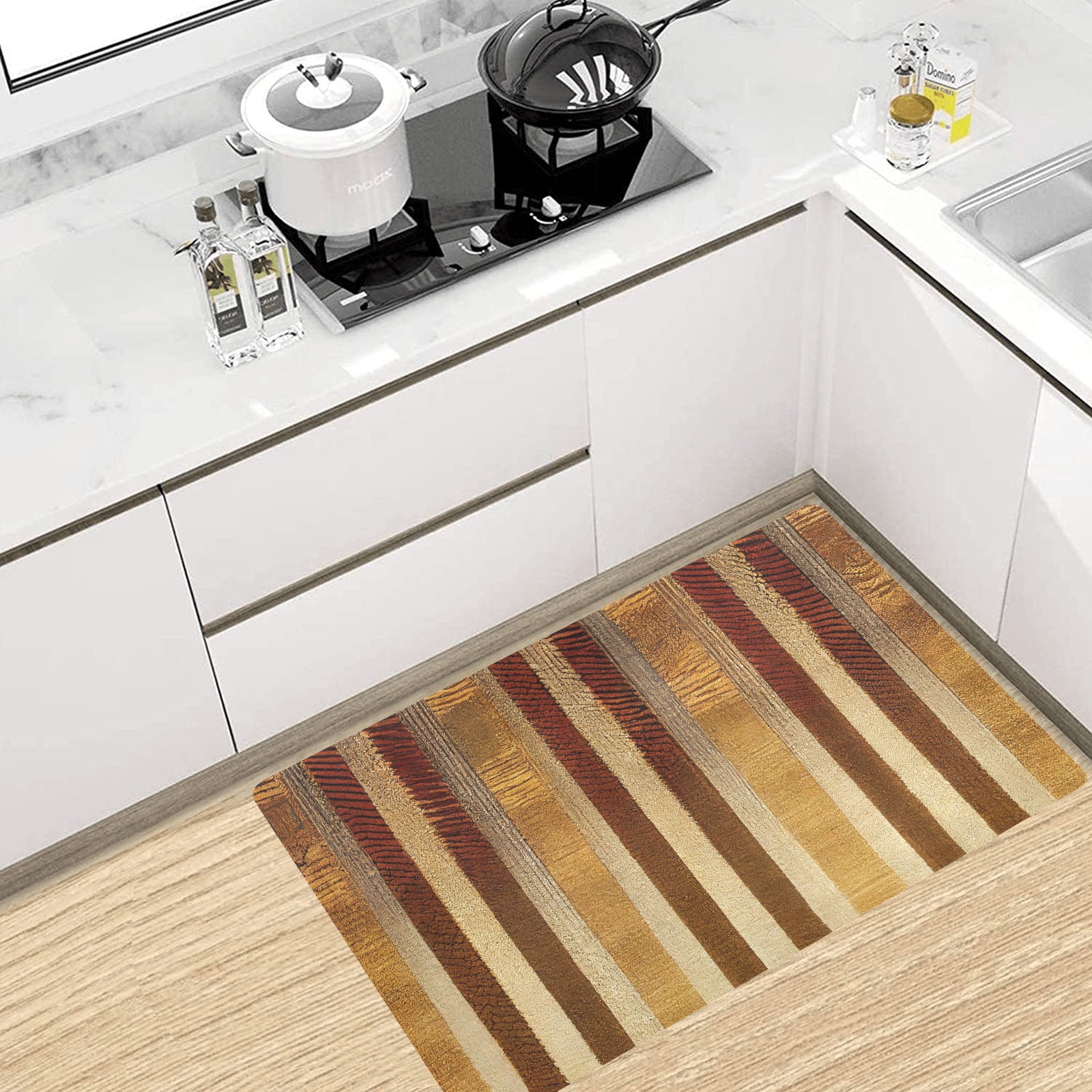 gold, brown and white striped pattern Kitchen Mat 32"x20"