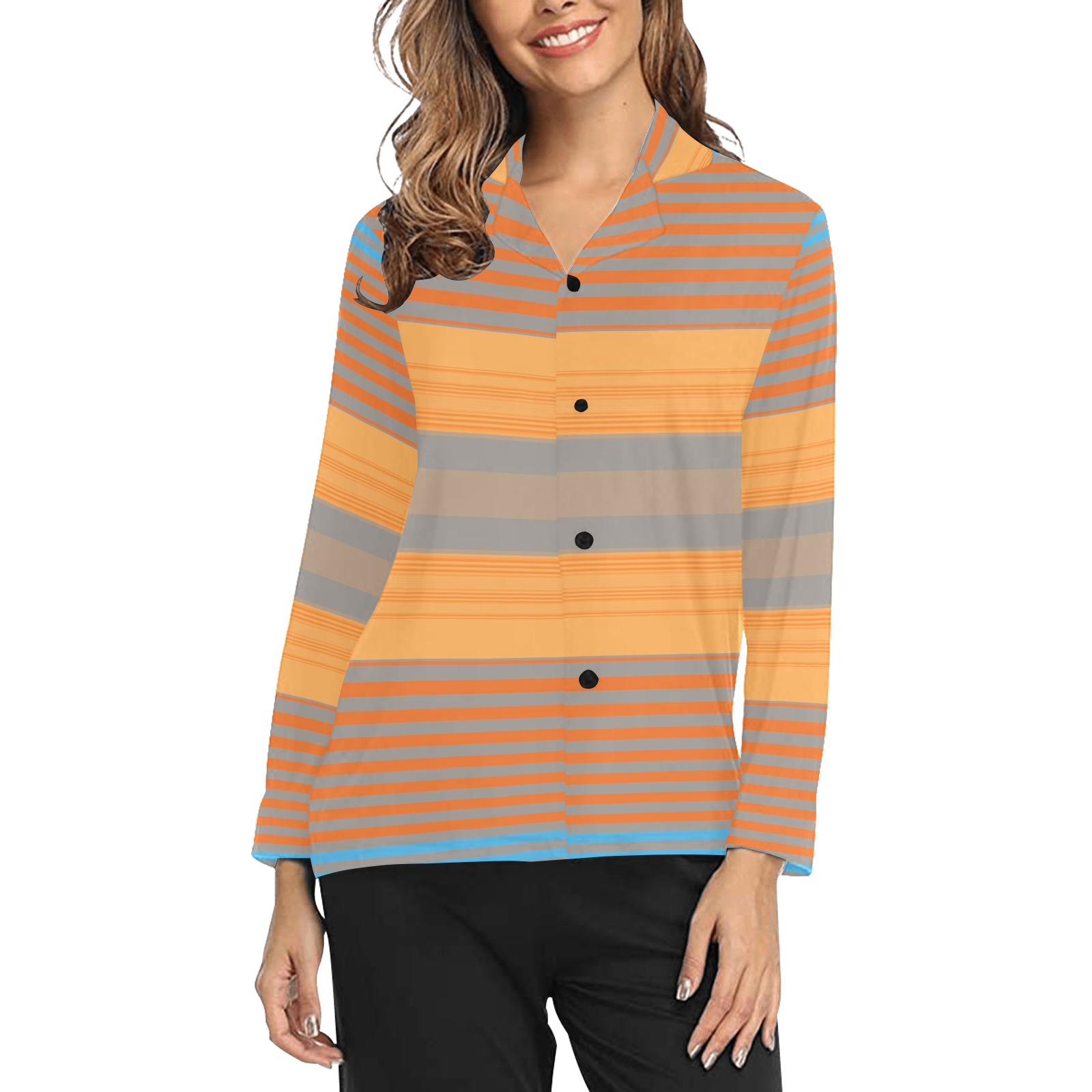 Yellow Orange Blue Stripe Pattern Women's Long Sleeve Pajama Shirt