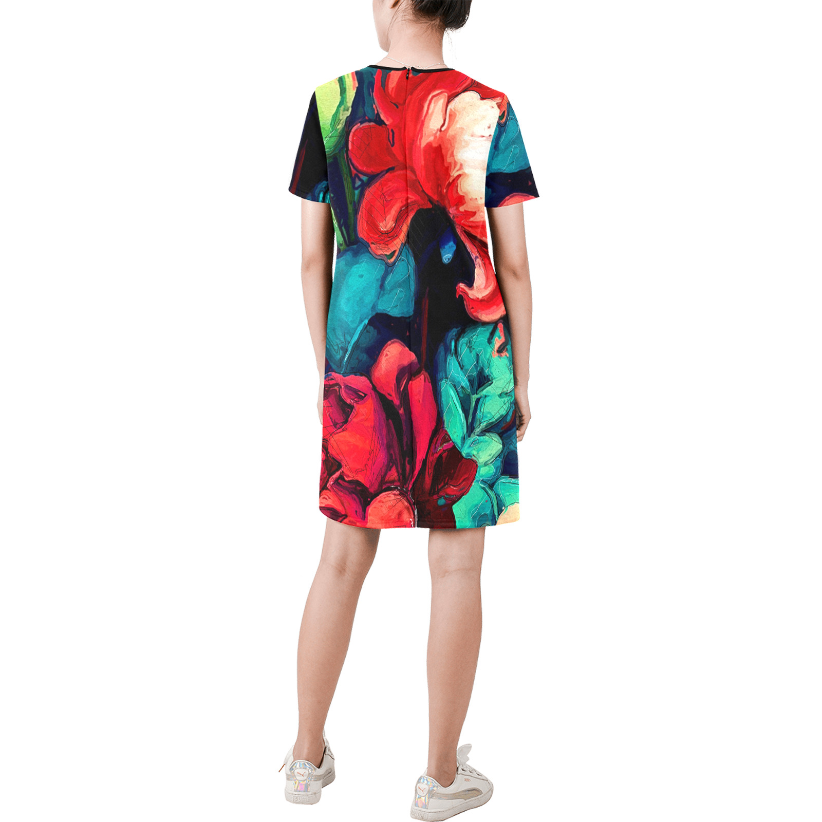 flowers botanic art (6) dress fashion Short-Sleeve Round Neck A-Line Dress (Model D47)