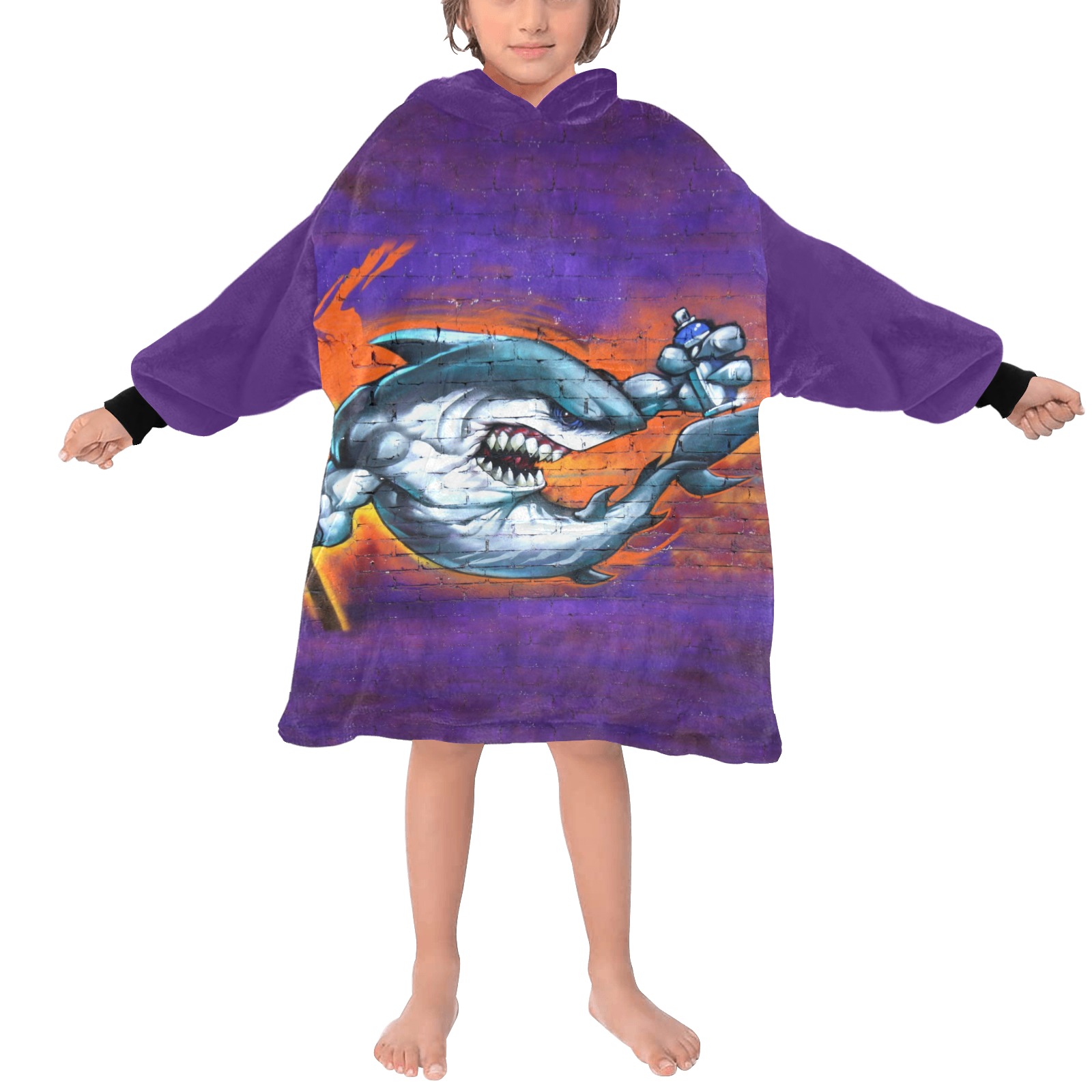 Graffiti Shark Wall Art - Purple Blanket Hoodie for Kids