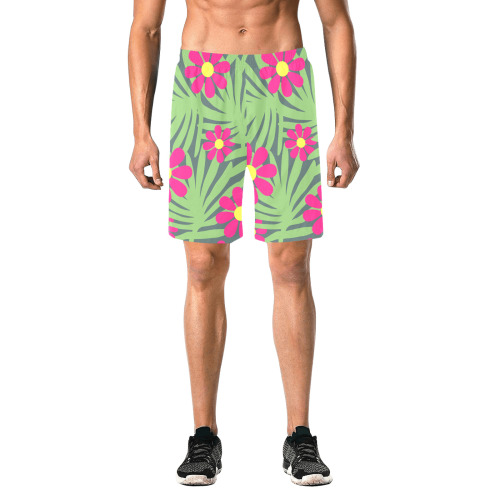 Pink Exotic Paradise Jungle Flowers and Leaves Men's All Over Print Elastic Beach Shorts (Model L20)