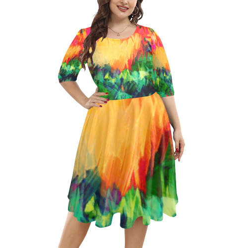 Colorful Painting Bushes Strokes Half Sleeve Skater Dress (Model D61)