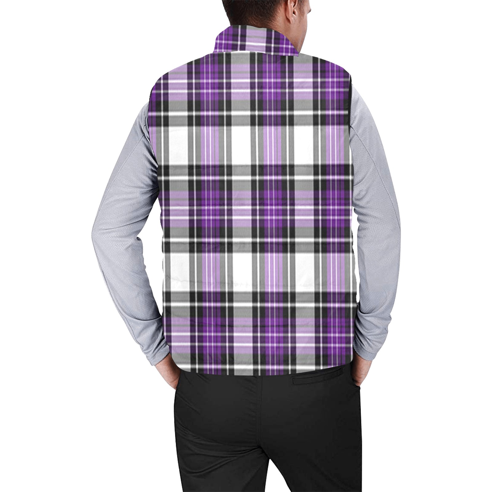 Purple Black Plaid Men's Padded Vest Jacket (Model H44)