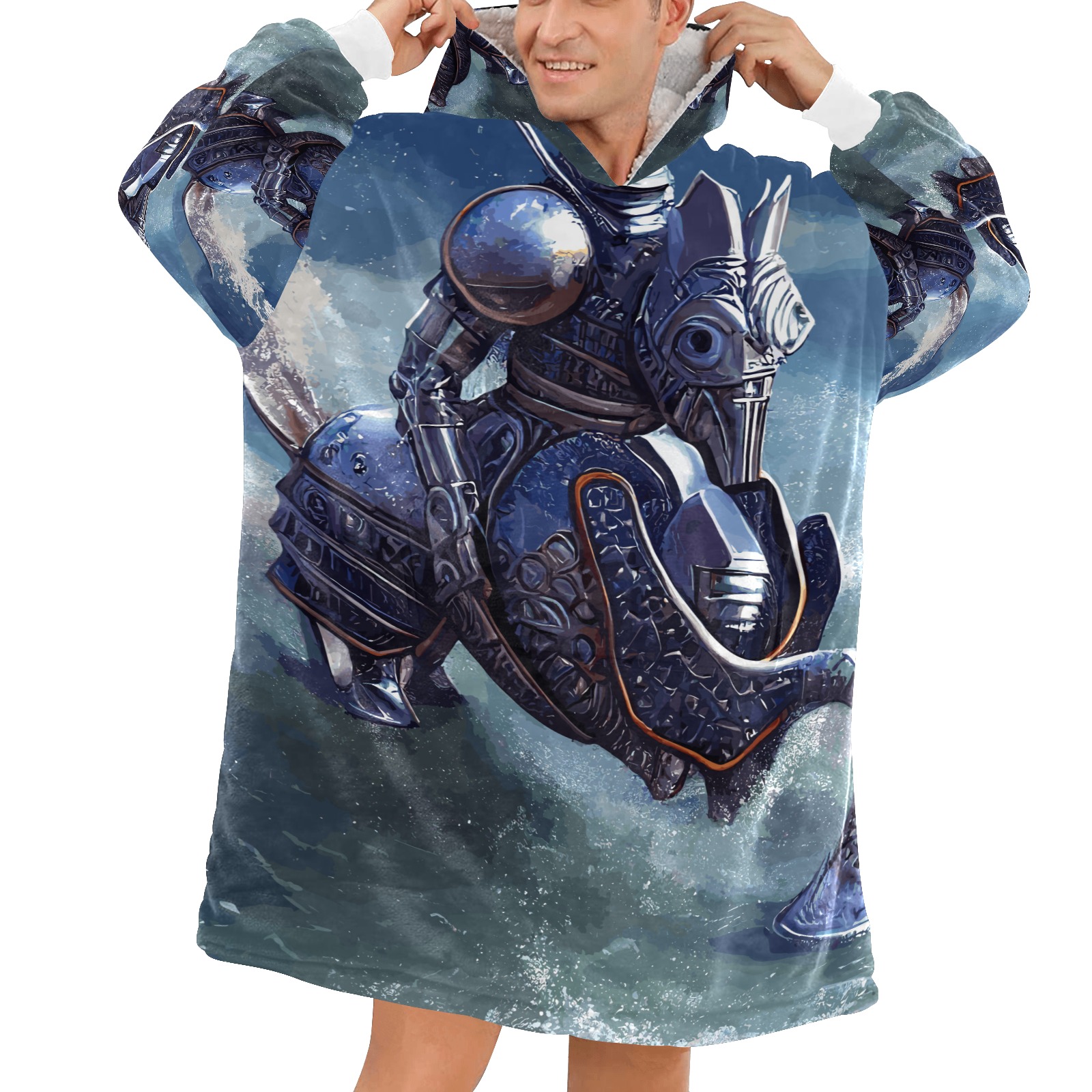 Fantasy robotic knight on a mechanical sea-horse Blanket Hoodie for Men