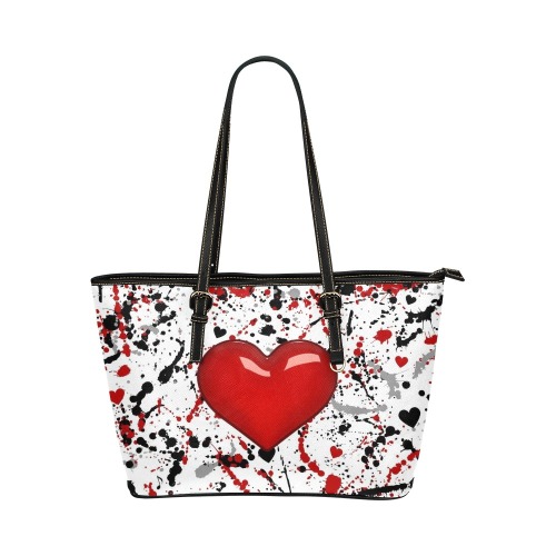 Heart Paint Splatter Fashionable Double Sided Black PU Leather Tote Handbag! Leather Tote Bag/Small (Model 1651)
