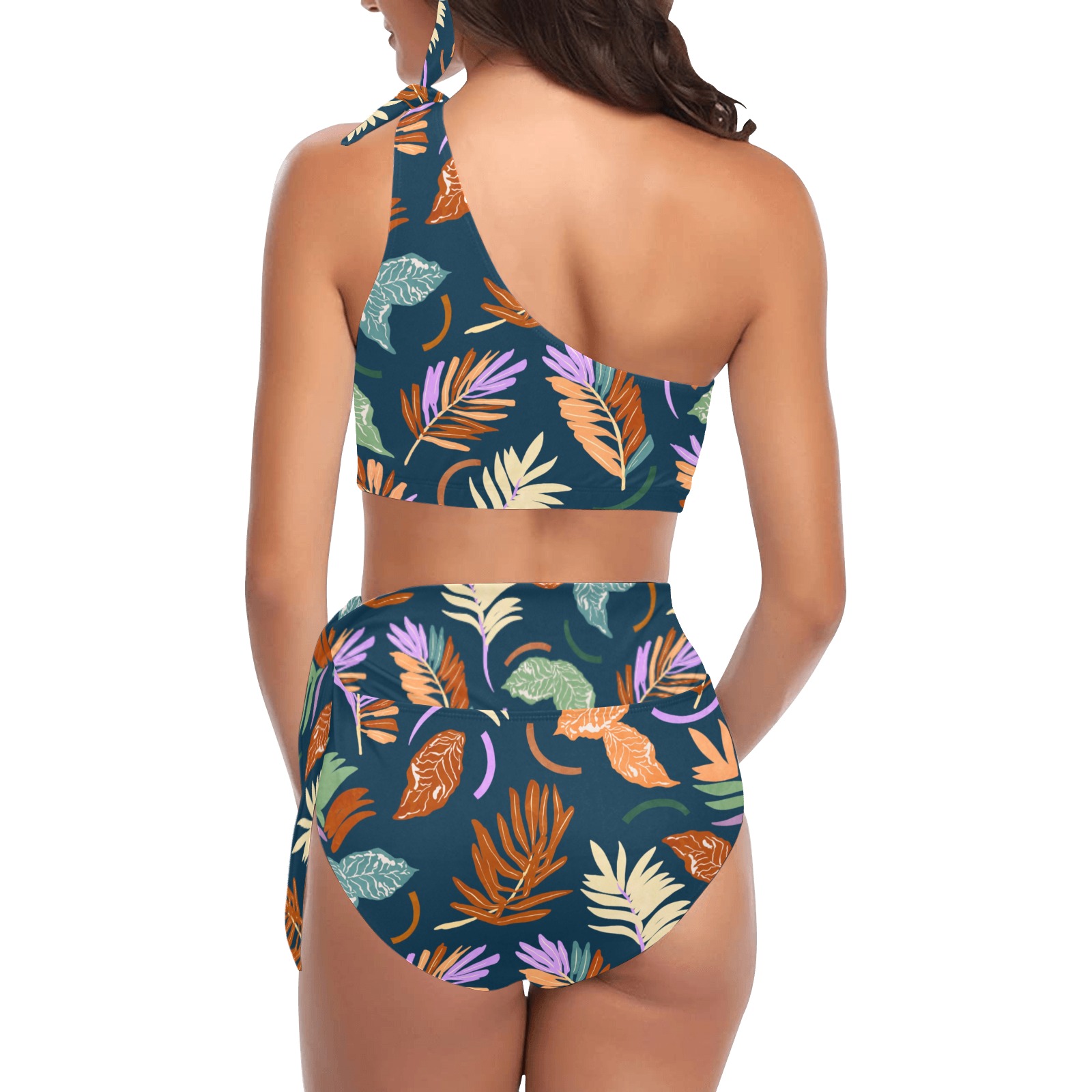 Pattern colorful leaf modern DDP High Waisted One Shoulder Bikini Set (Model S16)