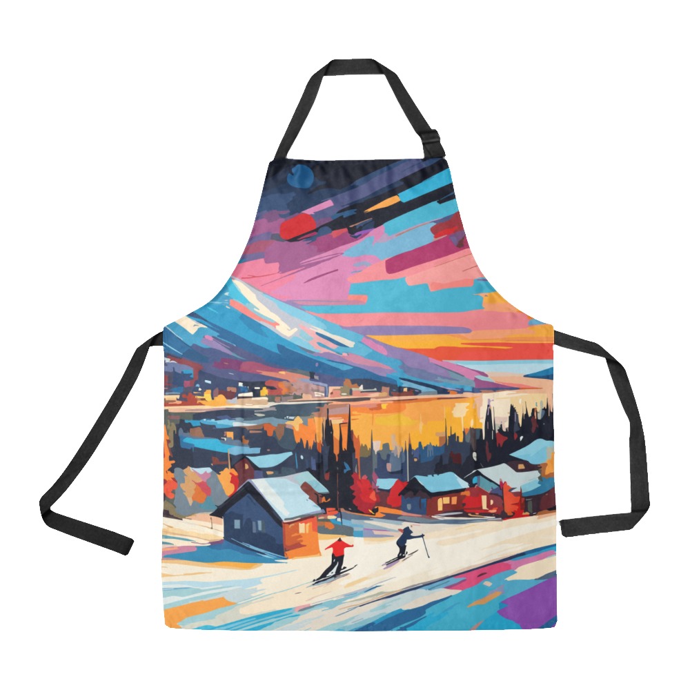 Winter mountains, lake, sunset cool skiing theme All Over Print Apron