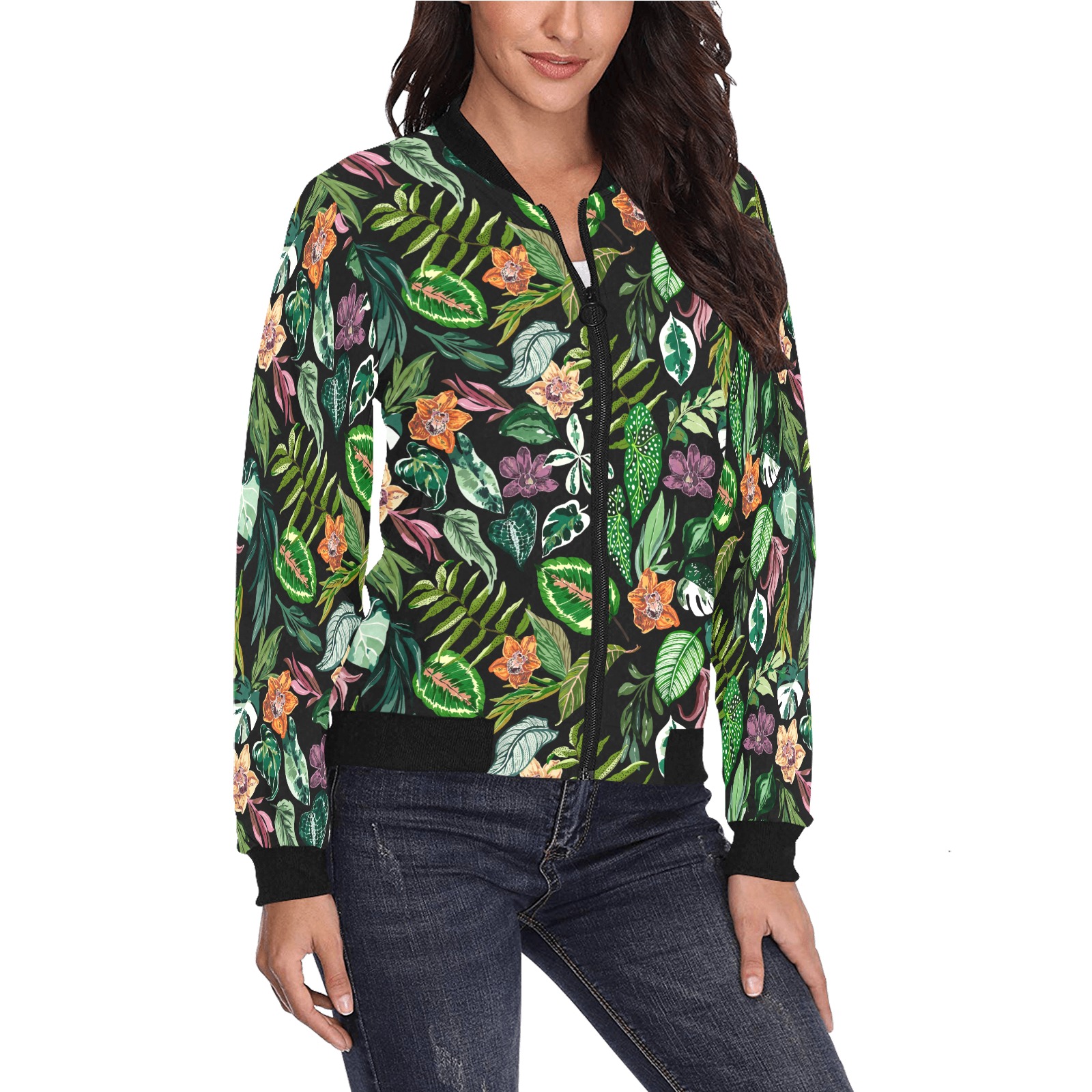 Floral Tropical Hawaiian Flower Hibiscus Palm Leaves Pattern Print Women Casual Bomber Jacket