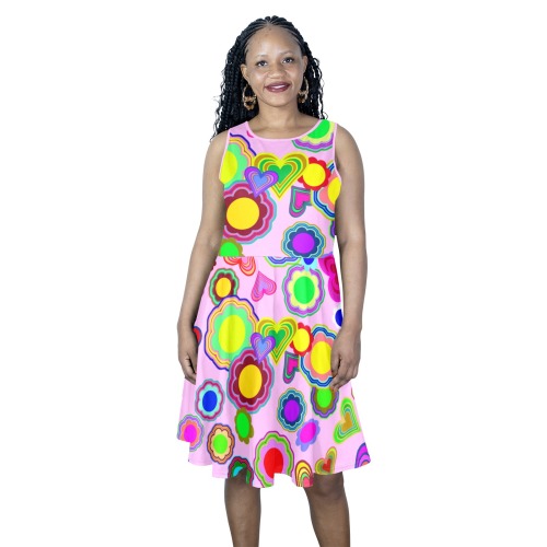 Groovy Hearts and Flowers Pink Sleeveless Expansion Dress (Model D60)