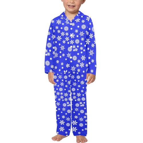 Christmas White Snowflakes on Blue Little Boys' V-Neck Long Pajama Set (Sets 02)