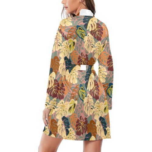 Modern leaves tropical K Women's Long Sleeve Belted Night Robe