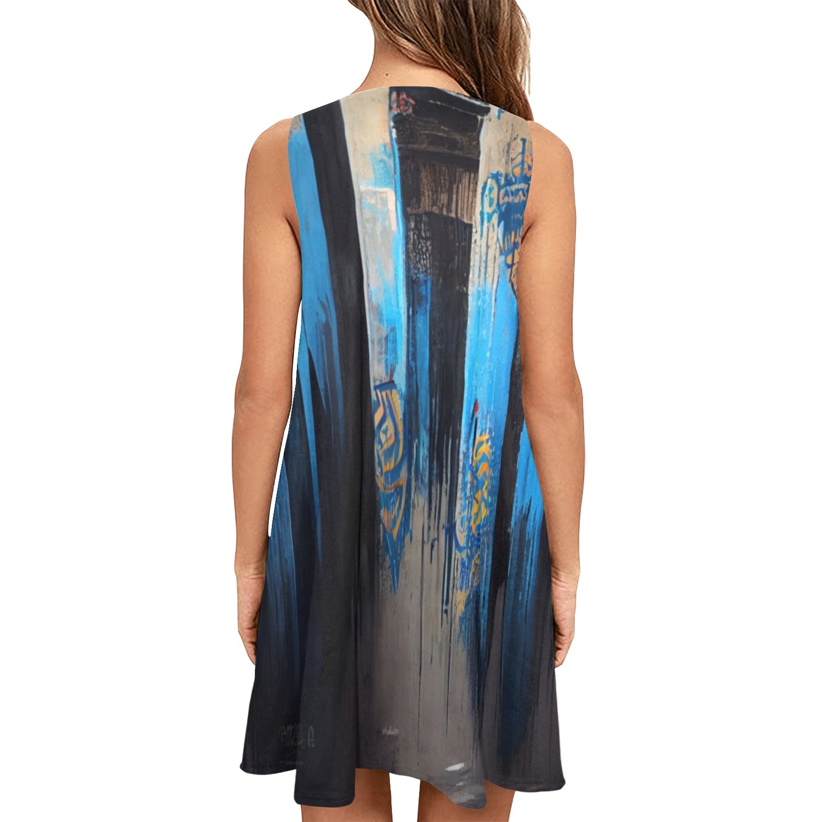 blue graffiti street Sleeveless A-Line Pocket Dress (Model D57)