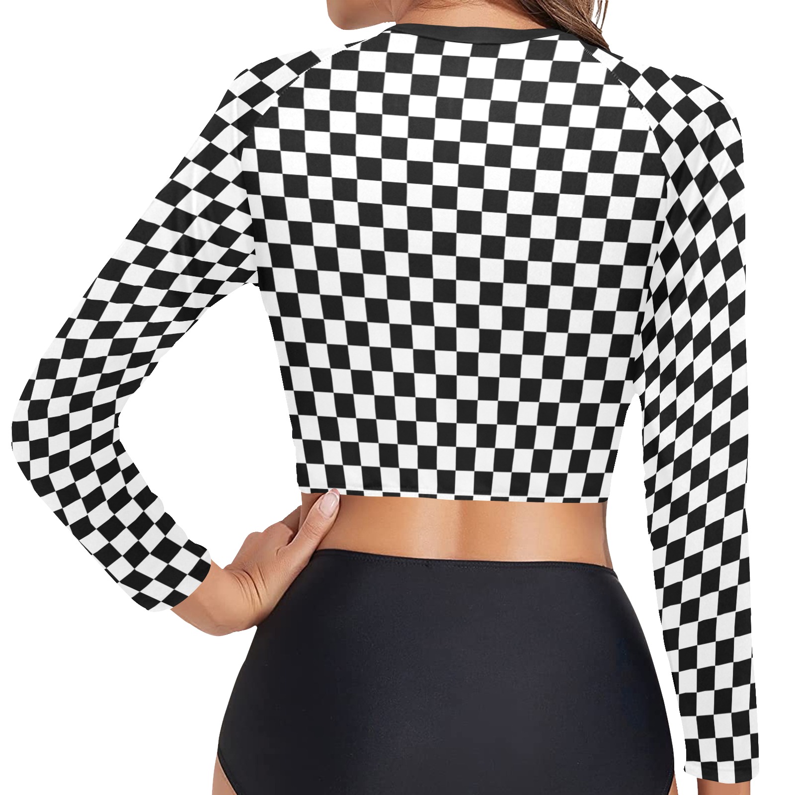 Black and White checkerboard pattern Long Sleeve Bikini Top (Model S27)