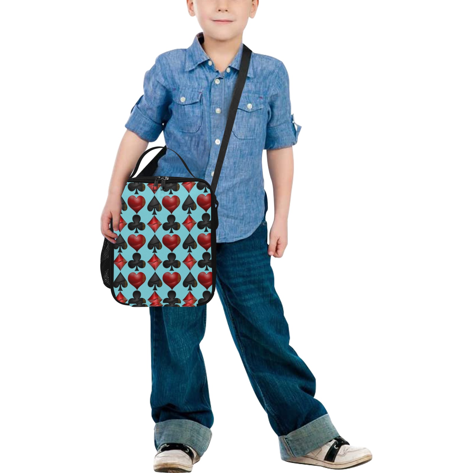 Black Red Playing Card Shapes / Blueish All Over Print Crossbody Lunch Bag for Kids (Model 1722)