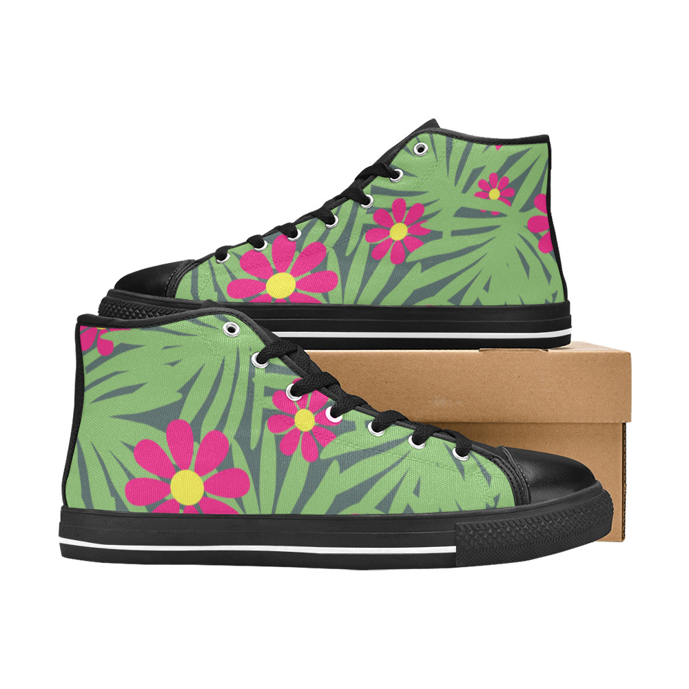 Pink Exotic Paradise Jungle Flowers and Leaves Women's Classic High Top Canvas Shoes (Model 017)